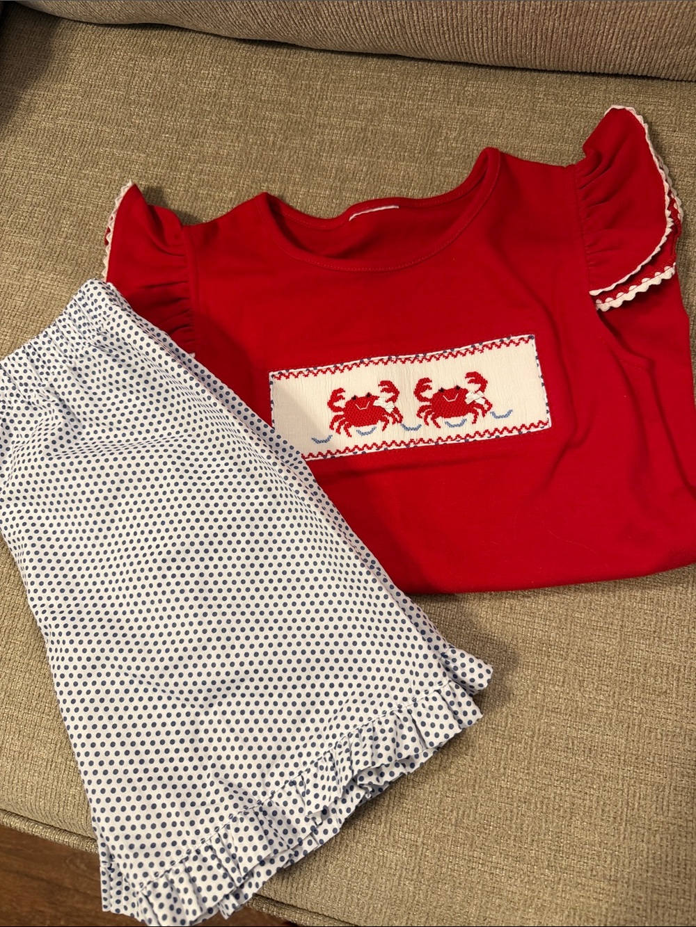 Children's Red Crab Smocked Set with Navy Dot Shorts